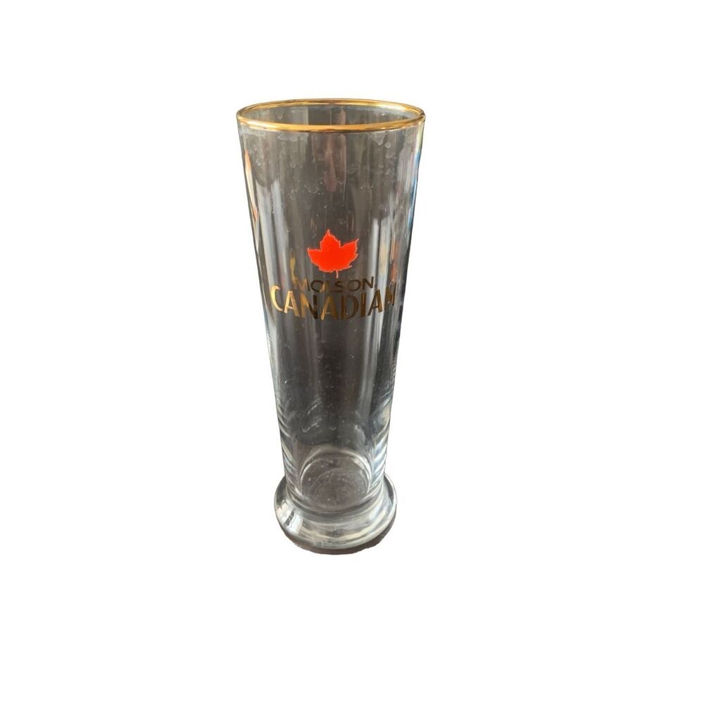 Vintage Molson Canadian Tall Pilsner Beer Glass 16oz Maple Leaf Gold-Rim HTF